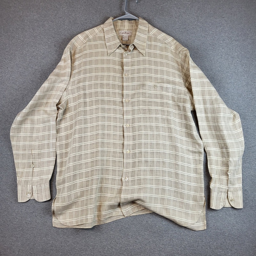 Ermenegildo Zegna Shirt Mens XL Beige Cuff Plaid Collared Long Sleeve Button Up